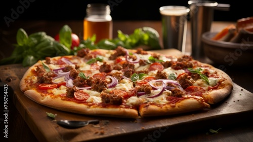 b'A delicious pizza with sausage, red onion, tomato, basil, and mozzarella cheese'