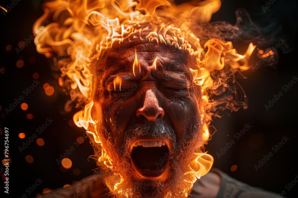 A man's head is on fire. He is screaming in pain.