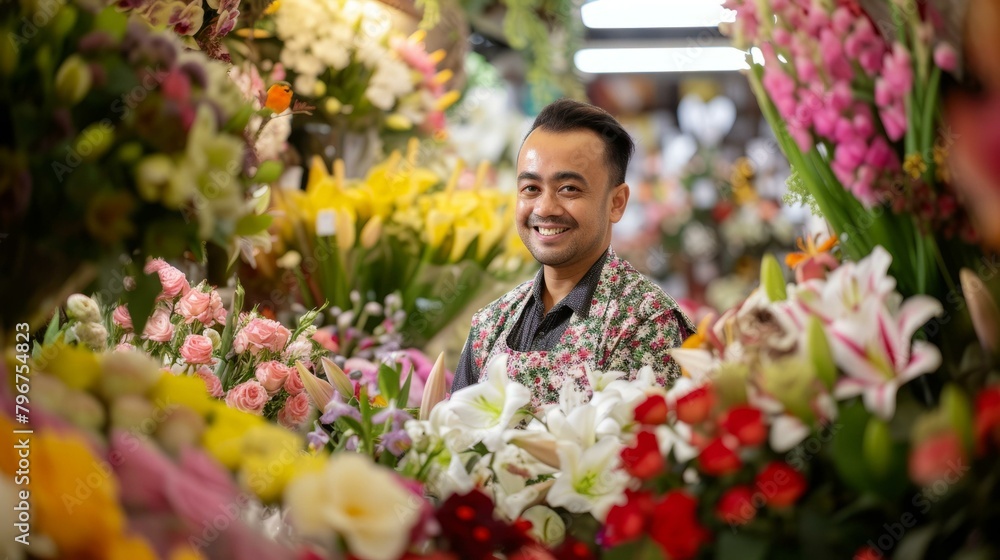 b'Portrait of a florist standing in a flower shop'