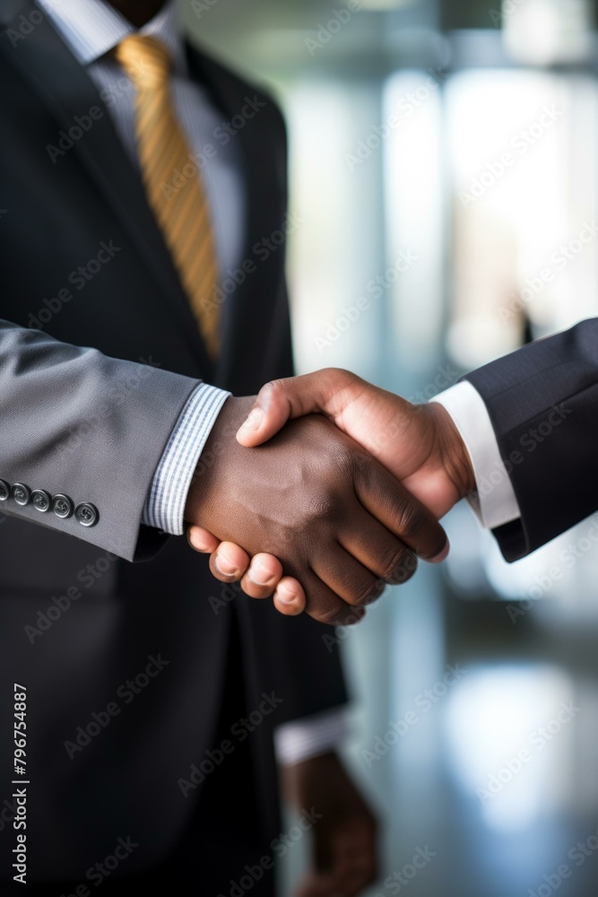 b'Businessmen of African descent shaking hands in agreement'