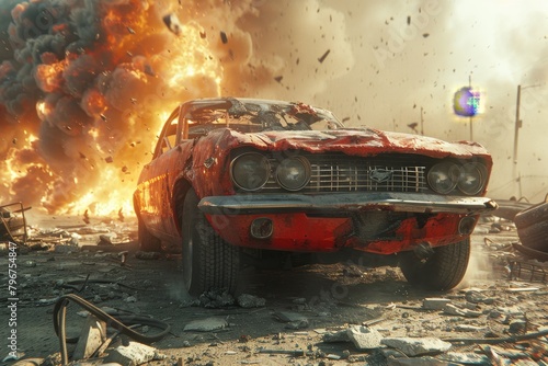 A red car is driving through a war zone. The car is damaged and there are explosions all around it. photo