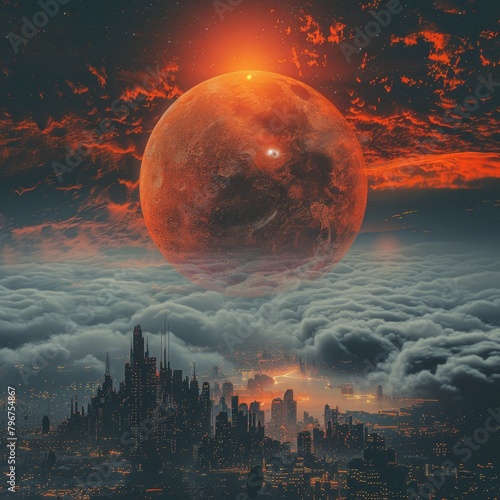 A red moon hangs over a futuristic city.