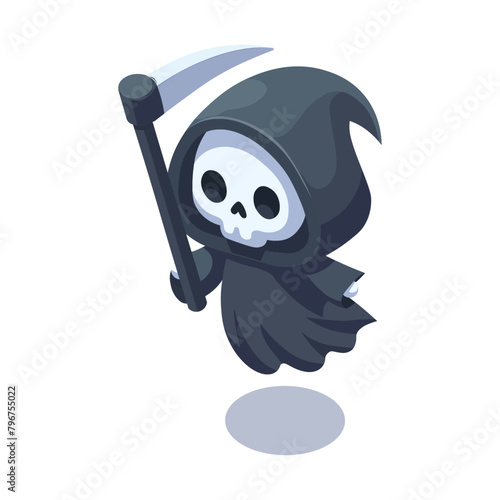 Isometric cute grim reaper with the scythe isolated on white background, Halloween monster clip art, vector illustration.