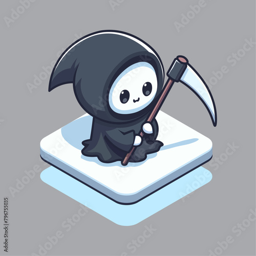 Isometric cute grim reaper with the scythe isolated on white background, Halloween monster clip art, vector illustration.