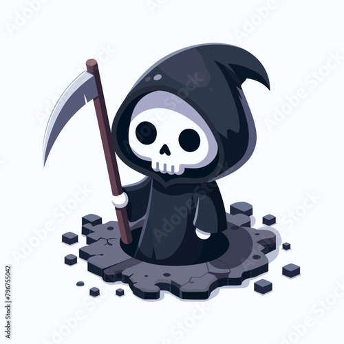 Isometric cute grim reaper with the scythe isolated on white background, Halloween monster clip art, vector illustration.