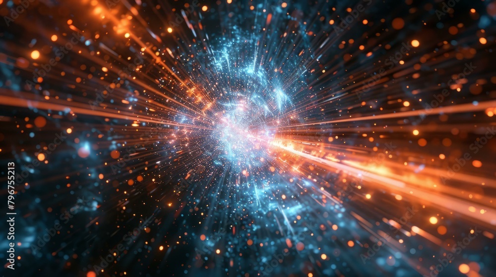 b'Blue and orange glowing particles form a wormhole in space'