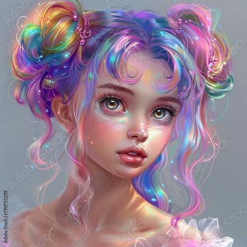 Una evocativa ilustración que muestra a una chica con el cabello multicolor, y purpurina en él photo