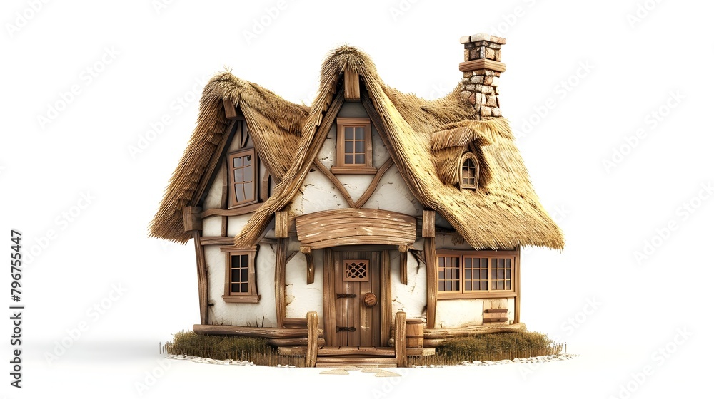 Charming 3D Rendered Cottage House with Wooden Features and Thatched Roof