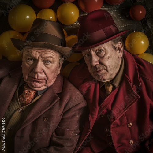 A fashion photo of two old man, dressed as gangsters, laying in a sea of platic balls in an old factory studio, shot from above, in colorful. photo