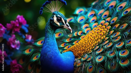 A portrait detailed and captivating portrait of a regal peacock displaying its magnificent plumage, AI Generative