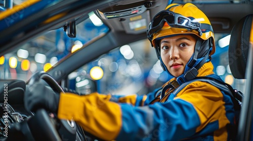 A female race car driver wearing a yellow and blue fire suit and helmet sits in the driver's seat of a race car.