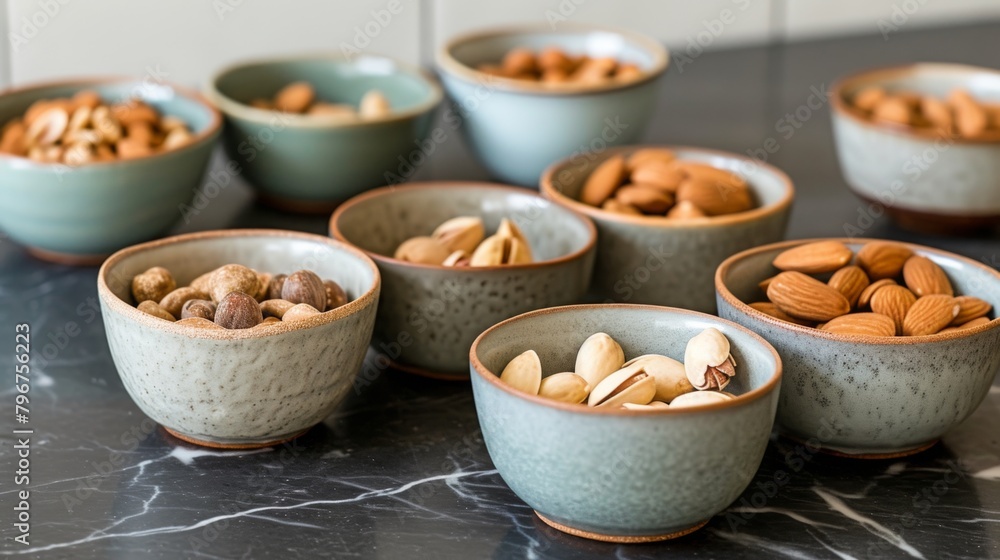 Ceramic bowls filled with different types of nuts