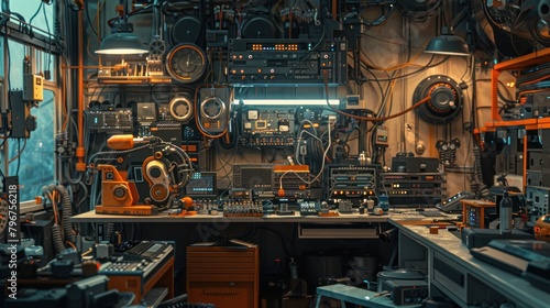 Electrical engineer bot meticulously assembles parts in an electronics factory.