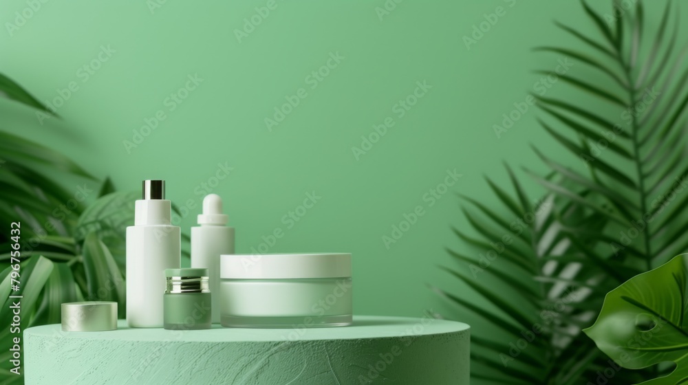 Podium on a green background with cosmetic products Podium on a green background with cosmetic products