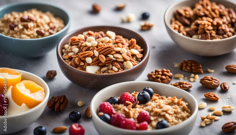Variety of breakfast food with nuts and granola in small bowls
Variety of breakfast food with nuts and granola in small bowls