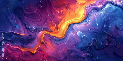 Abstract Flowing Colorful Liquid on Black and Blue Background A dynamic and vibrant painting capturing the movement of liquid in vivid colors