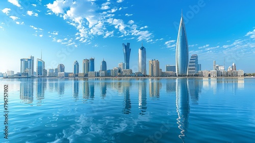 Manama's skyline with modern skyscrapers and Bahrain World Trade Center, clear day, high-definition, no glare, --ar 16:9 --stylize 250 Job ID: f817c476-63ae-415b-8bd7-07c6387cb844
