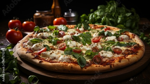 b'A delicious pizza with tomatoes, basil, and mozzarella cheese'