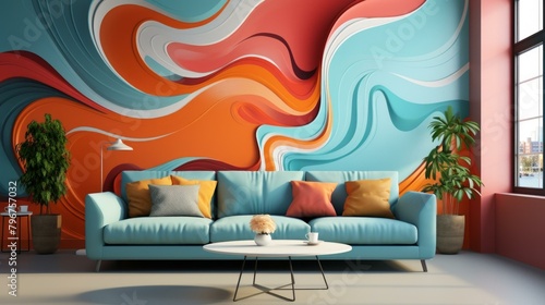 b'Blue sofa in front of a multi-colored wave wallpaper'