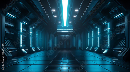 futuristic corridor of spaceship, dark, ominous with the sense of danger