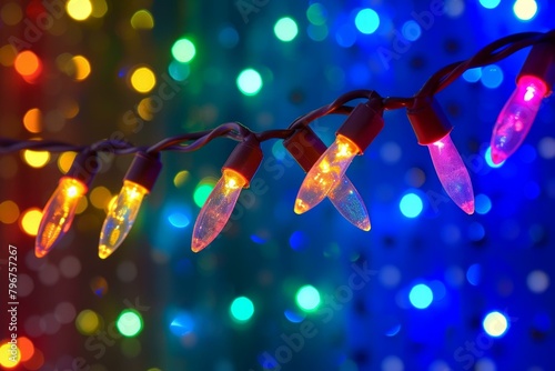 b'Multicolored string lights with a blue background'