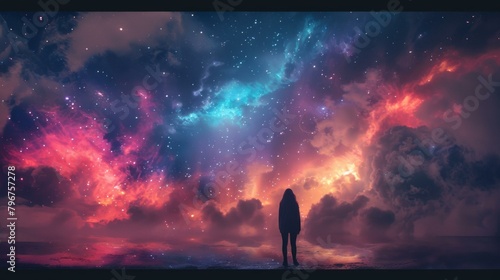 b'girl standing alone in front of beautiful nebula'