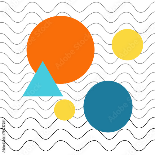 Vector illustration of basic geometric shapes as surface seamless pattern design, designed for textiles, interior decorations, crafts, graphics, and backgrounds. Embroidery pattern for kids.