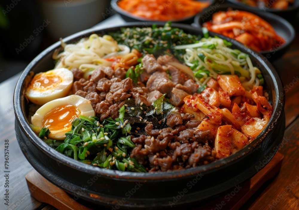 Korean food dolsot bibimbap with beef, egg, spinach, bean sprouts, and kimchi in a hot stone bowl