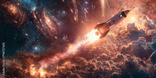 b'Spaceship flies through a nebula with stars in the background'