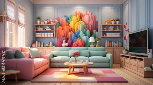 b'A cozy living room with a colorful 3D wall' photo