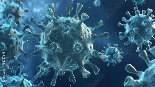 A group of blue viruses are floating in the air