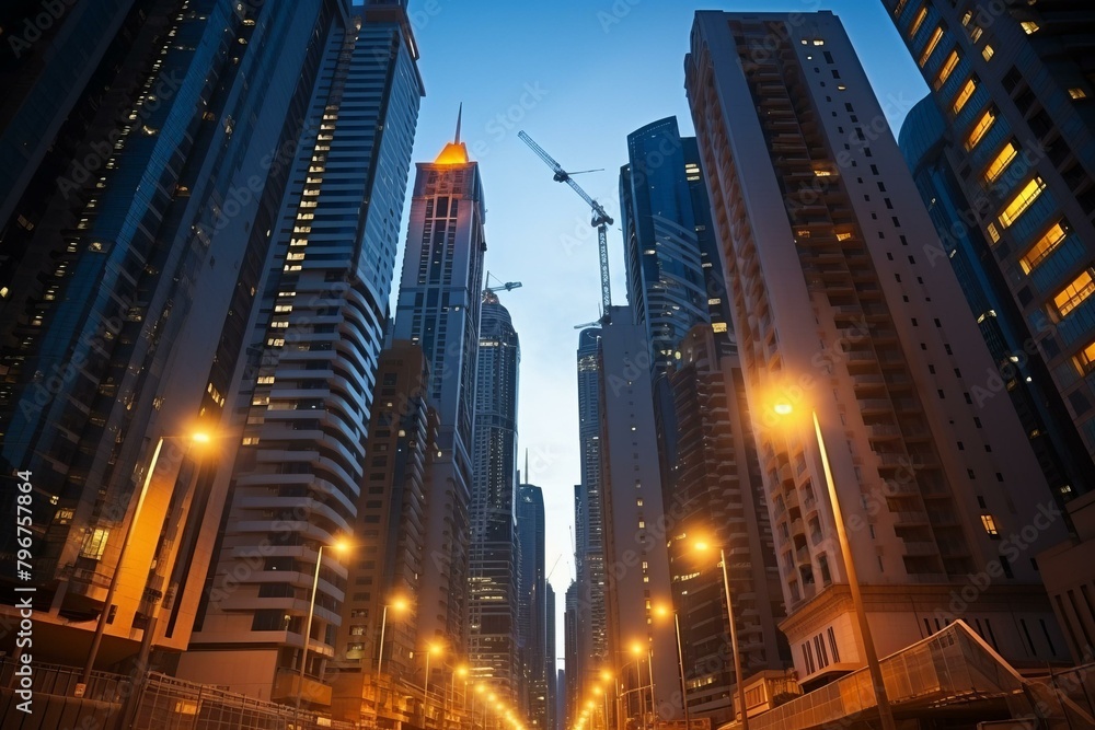 b'Modern city street with skyscrapers at night'