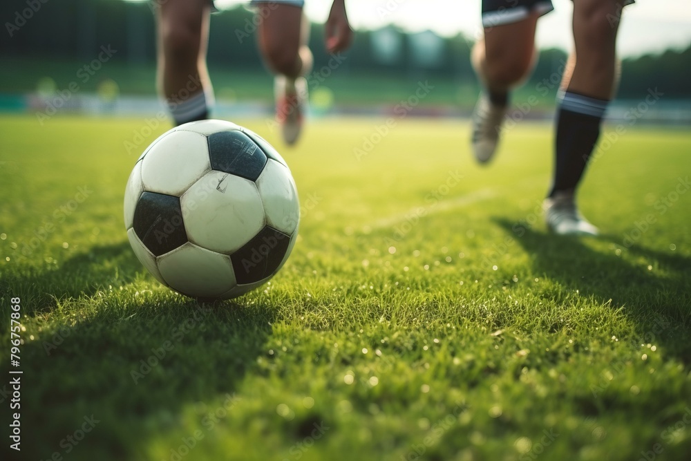 b'Two soccer players running after a soccer ball on a field with green grass'