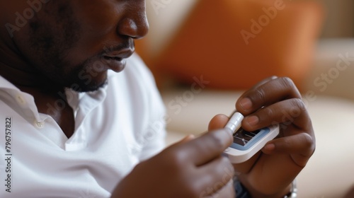 Man using a glucometer to check his blood sugar levels by holding the device to his finger photo