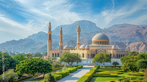 Muscat's skyline with Sultan Qaboos Grand Mosque and Al Alam Palace, clear sunny day, high-definition, no glare, --ar 16:9 --stylize 250 Job ID: 4e02fba1-cd29-47d2-8dfb-fc1aef6c4835