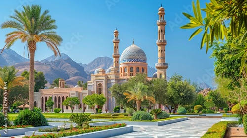 Muscat's skyline with Sultan Qaboos Grand Mosque and Al Alam Palace, clear sunny day, high-definition, no glare, --ar 16:9 --stylize 250 Job ID: 4e02fba1-cd29-47d2-8dfb-fc1aef6c4835 photo