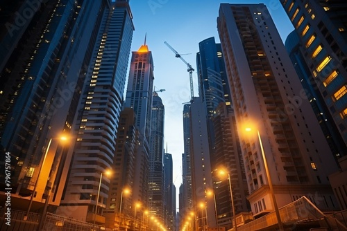 b'Modern city street with skyscrapers at night'