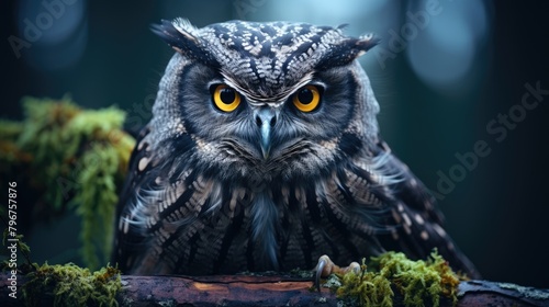 picture of a wise and powerful owl perched on a moss-covered tree branch at twilight, AI Generative photo