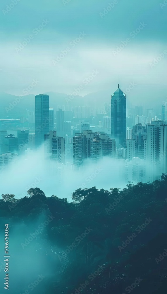 Ethereal mist veils the urban skyline, crafting a mysterious and atmospheric cityscape