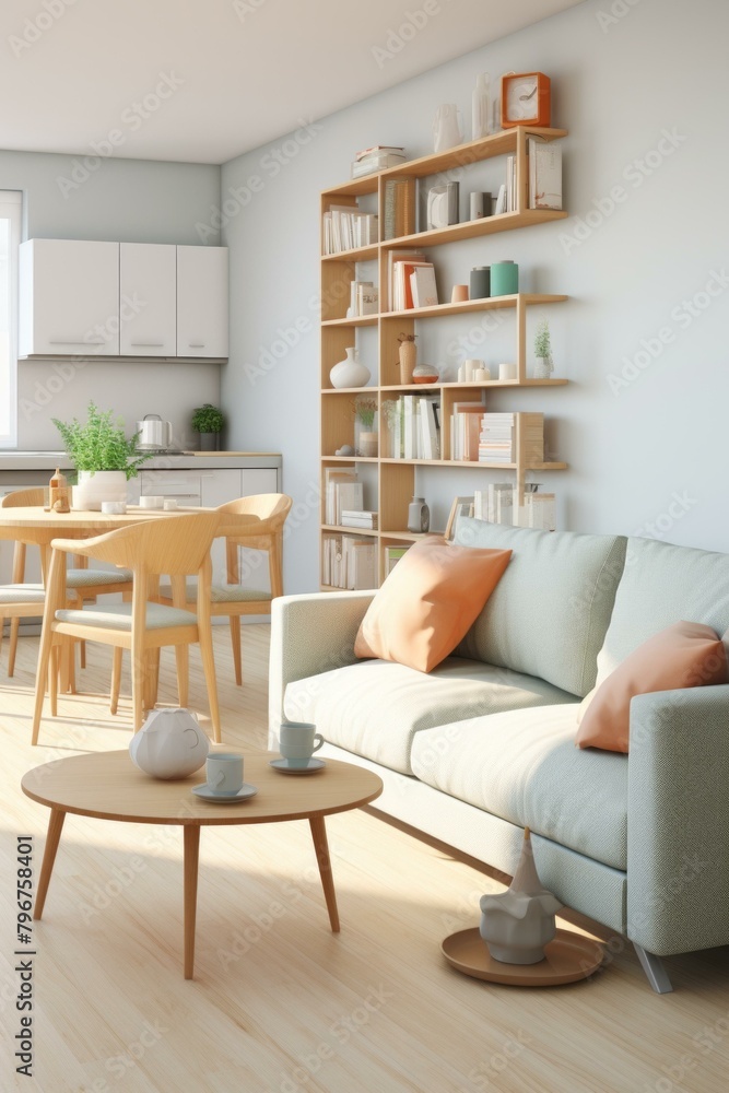 b'A cozy living room with a sofa, coffee table, bookshelf, and dining table' b'A cozy living room with a sofa, coffee table, bookshelf, and dining table'