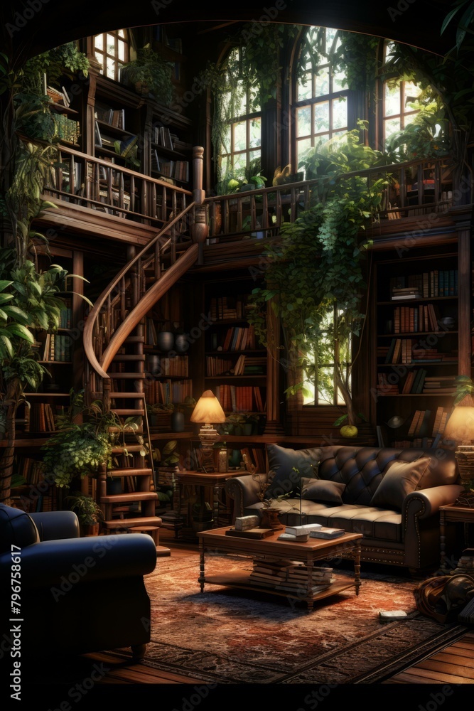 b'fantasy library with spiral staircase and balcony'