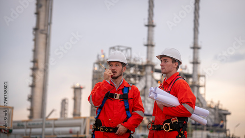 Engineer survey team wear uniform and helmet stand workplace checking blueprint project , radio communication and engineer box inspection work construction site with oil refinery background