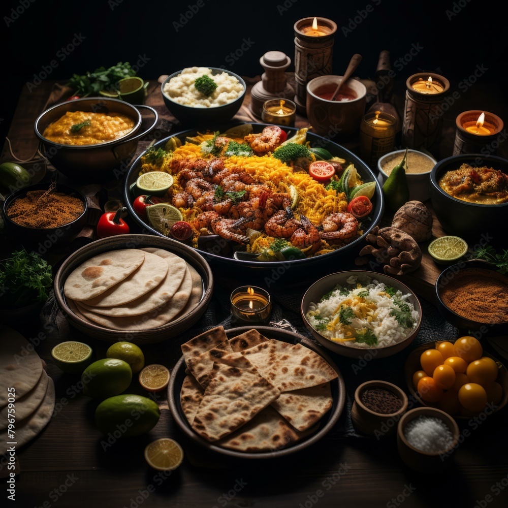 b'A bountiful Indian feast of various curries, rice, vegetables, and naan bread' b'A bountiful Indian feast of various curries, rice, vegetables, and naan bread'