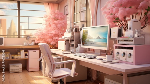 b'A pink home office with a large window and a cherry blossom tree' photo