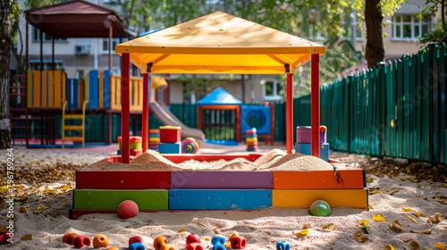 Vibrant Elementary Schoolyard Sandbox Scene with Playful Children and Colorful Booth Canopy, Summer Fun Concept © JIALU
