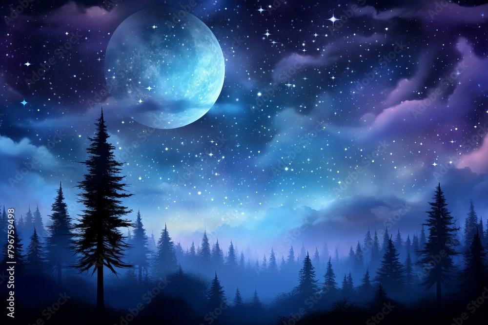 b'Blue moon night forest landscape with stars and clouds' b'Blue moon night forest landscape with stars and clouds'