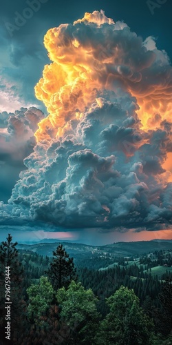 b'A large thunderstorm cloud looms over a forest' photo