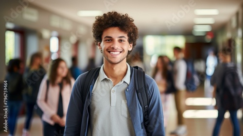 b'Smiling young male high school student with curly hair standing in hallway' photo