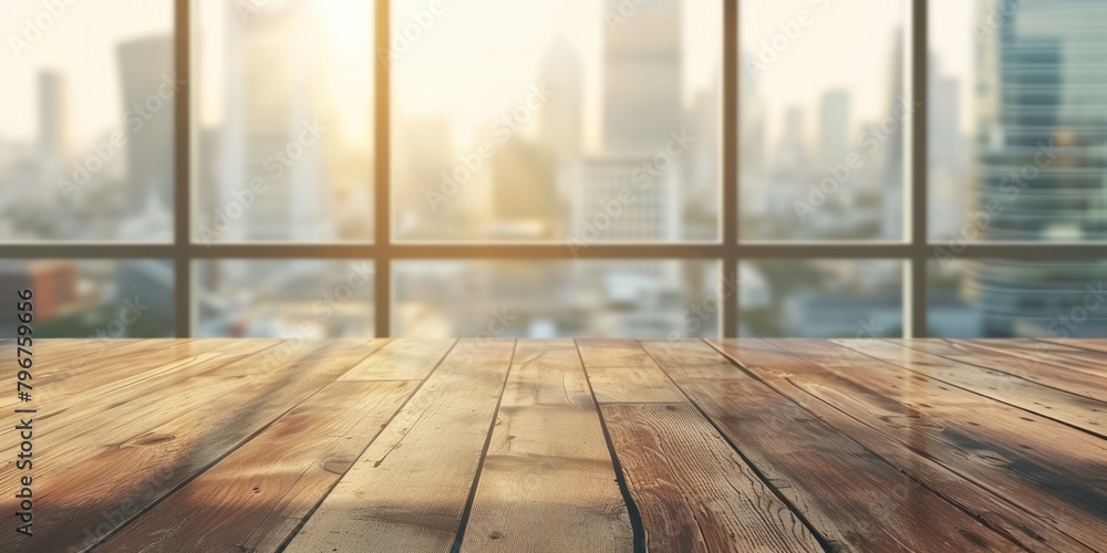Blur Wooden table in light office with panoramic windows city building view Blur Wooden table in light office with panoramic windows city building view