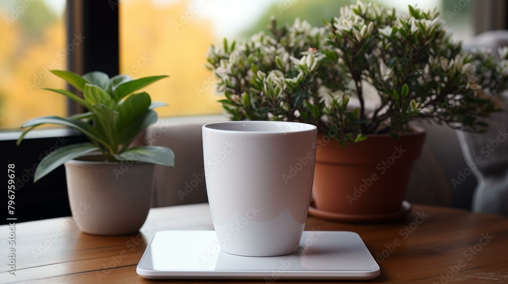 Fototapeta premium b'A cup of coffee on a table near a window with plants in the background'